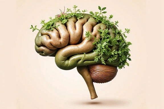 Cerebro humano estilizado con elementos botánicos, representando la nutrición cerebral y la salud mental