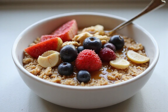 Un tazón de avena con frutas y frutos secos para el desayuno