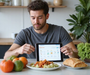 Hombre analizando un menú personalizado con diferentes opciones de comidas saludables.