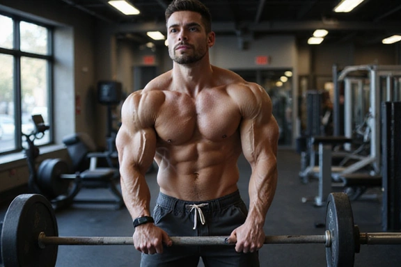 Hombre levantando pesas en un gimnasio, con un batido de proteínas cercano, simbolizando ganancia muscular.