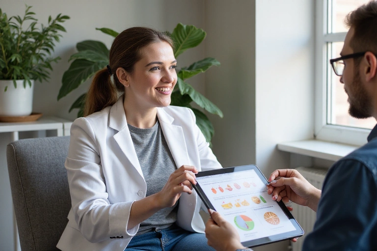 Nutricionista explicando un plan nutricional personalizado a un cliente